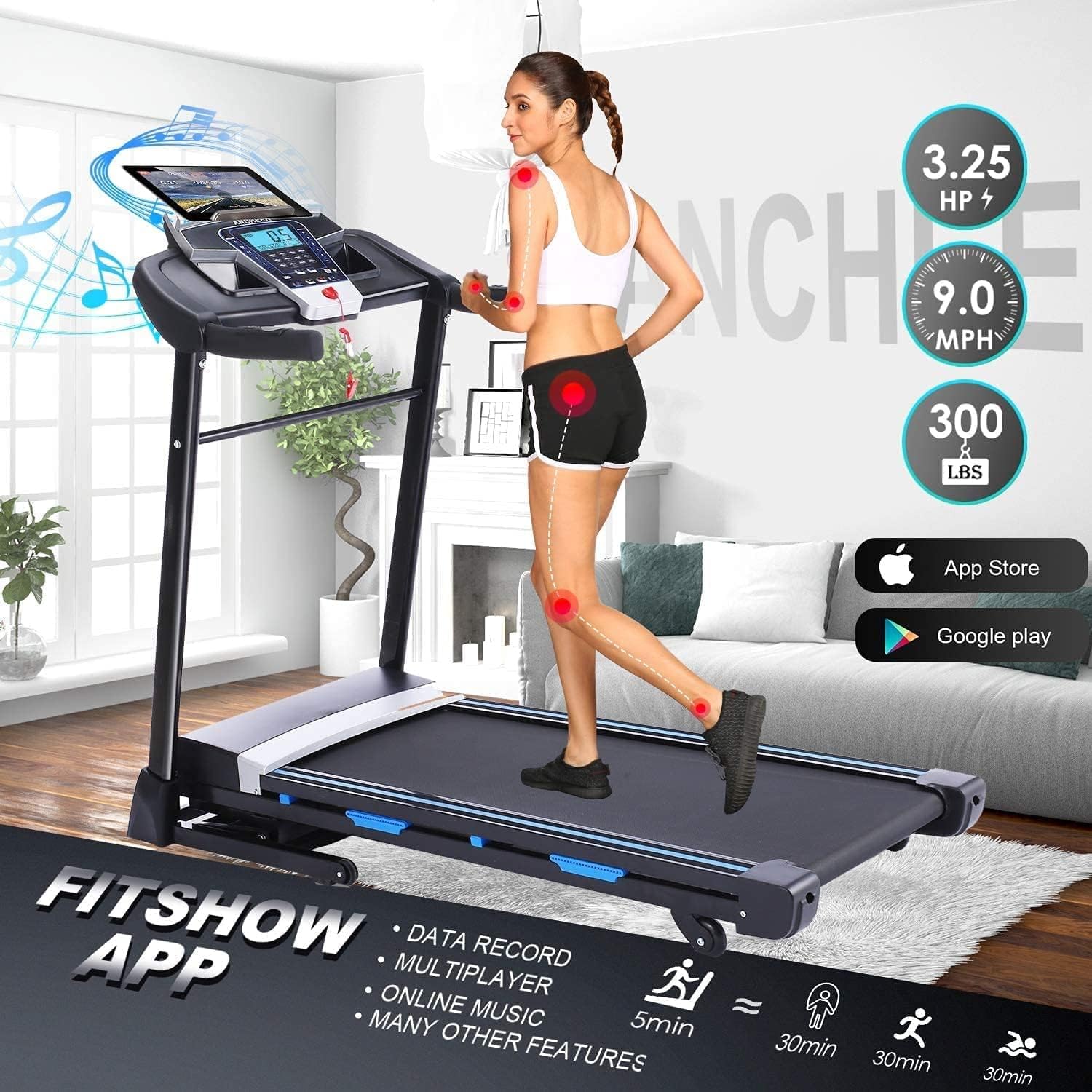 ANCHEER Treadmill 3.25HP Motor, Treadmills with Auto Incline 15%, Electric Running Machine for Home Gym Cardio Training, 300LB Capacity Foldable Treadmill for Home