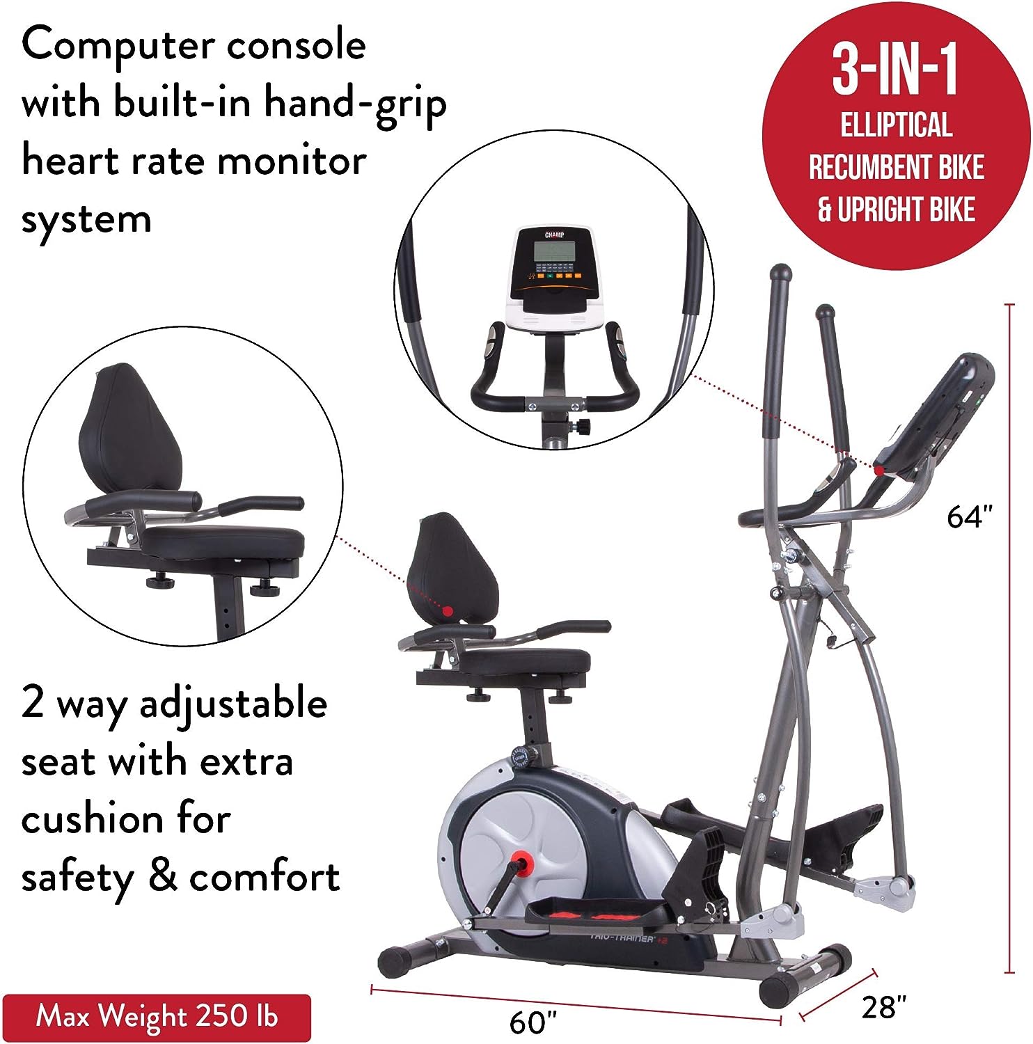 Body Champ 3-in-1 Home Gym, Upright Exercise Bike, Elliptical Machine  Recumbent Bike, Trio Trainer Exercise Machine Plus Two Upper Body Options, Silver, BRT7989