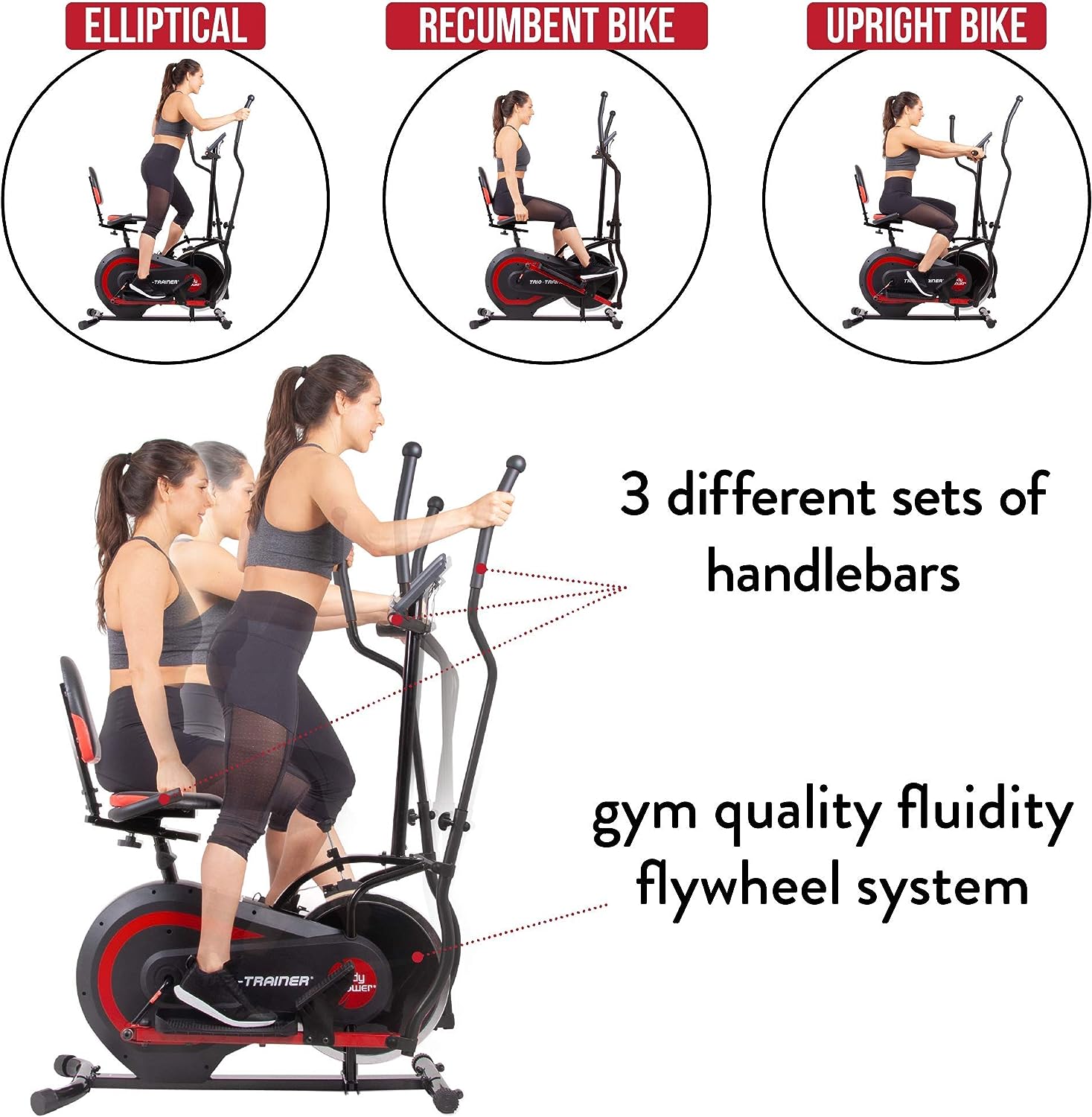 [BODY POWER] - 2nd Gen, PATENTED 3 in 1 Exercise Machine, Elliptical with Seat Back Cushion, Upright Cycling, and Reclined Bike Modes - Digital Computer Targets Different Body Parts, BRT5118