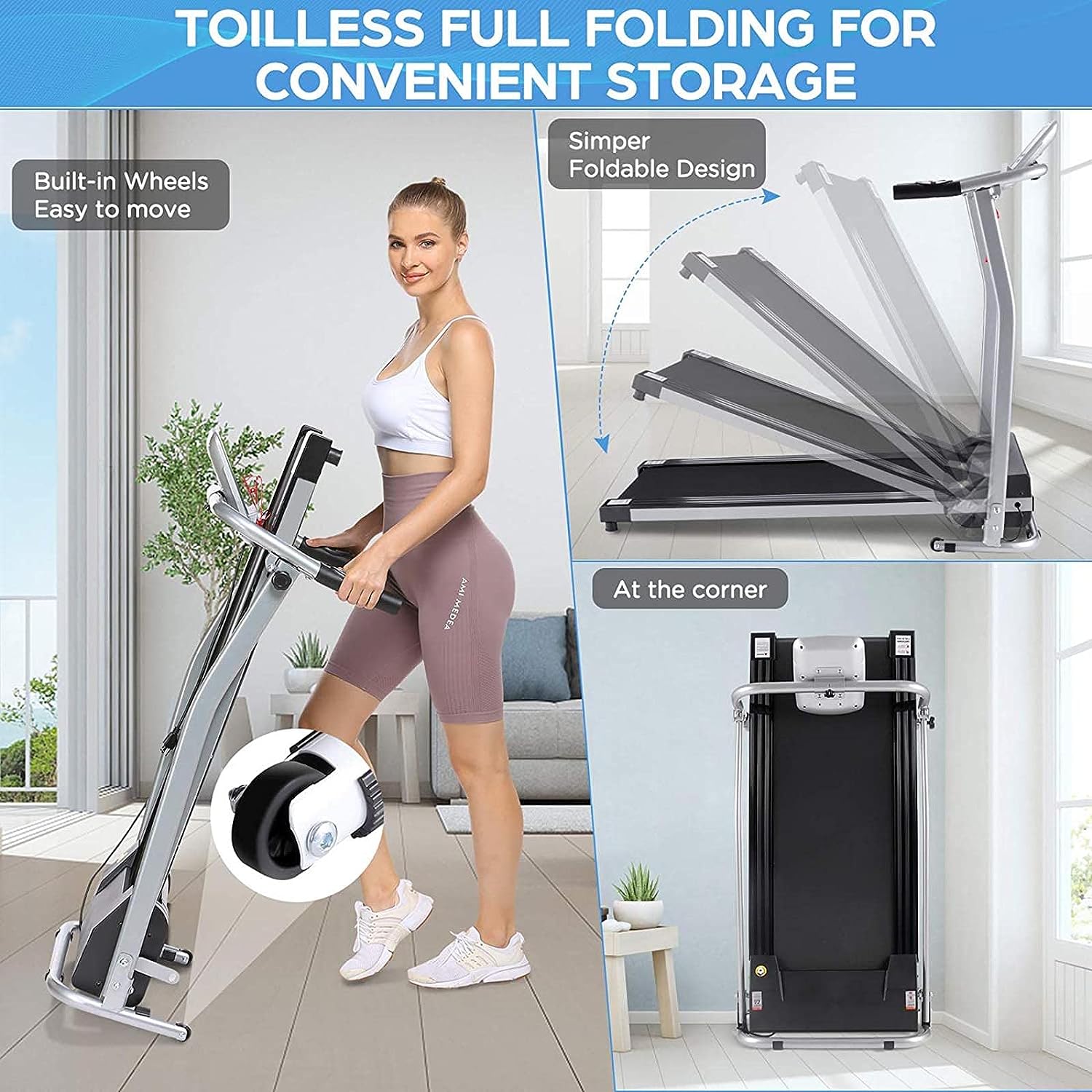 Electric Folding Treadmill with Incline for Home with LCD Monitor,Pulse Grip and Safe Key Motorized Running Jogging Walking Exercise Machine Space Saving for Home Gym Easy Assembly