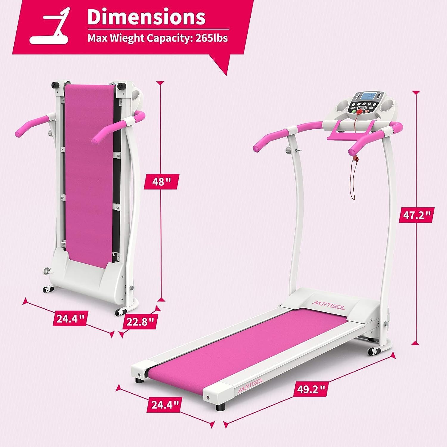 Folding Treadmill, 1.5HP Under Desk Electric Treadmill, Installation-Free with Bluetooth APP and LCD Display, Portable Walking Machine for Home, Office  Gym, Pink  White