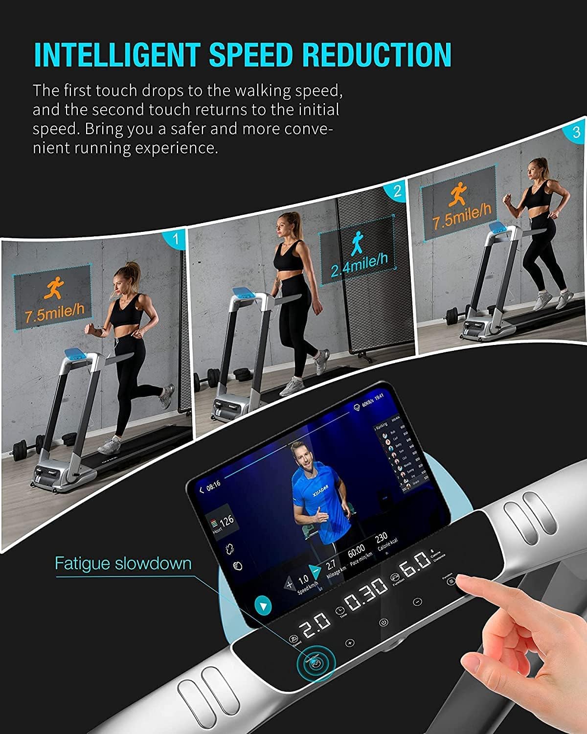OVICX Q2S Folding Portable Treadmill Compact Walking Running Machine for Home Gym Workout Electric Foldable Treadmills with LED Display Phone Holder for Small Spaces 3.0HP Weight Capacity 300 lbs