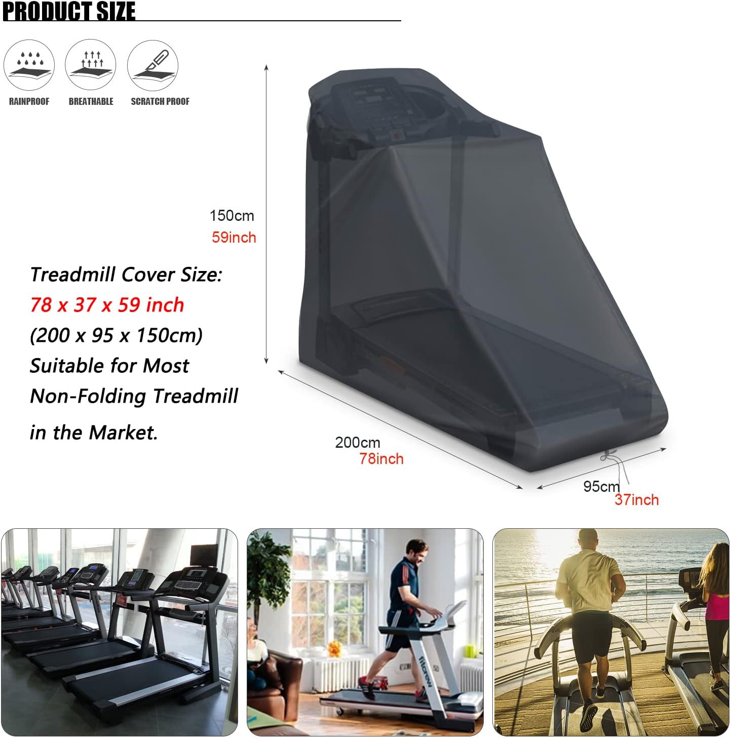 POMER Large Treadmill Cover, 78in Dustproof and Waterproof Non-Folding Running Machine Protective Cover for Home Running Equipment Use