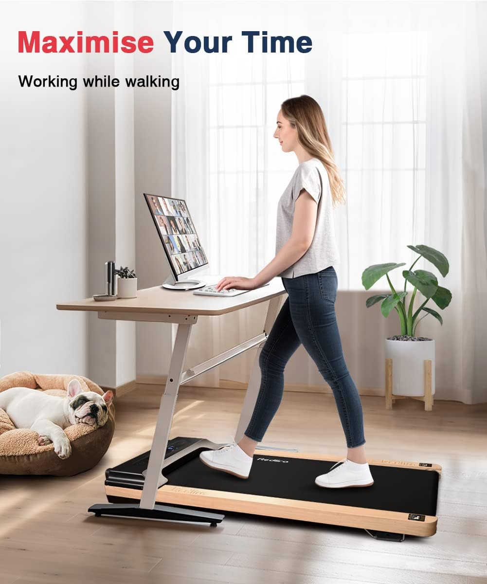 Redliro Walking Pad, Wood Under Desk Treadmill 300 lb Capacity Installation-Free for Home Office Use with Remote Control LED Display