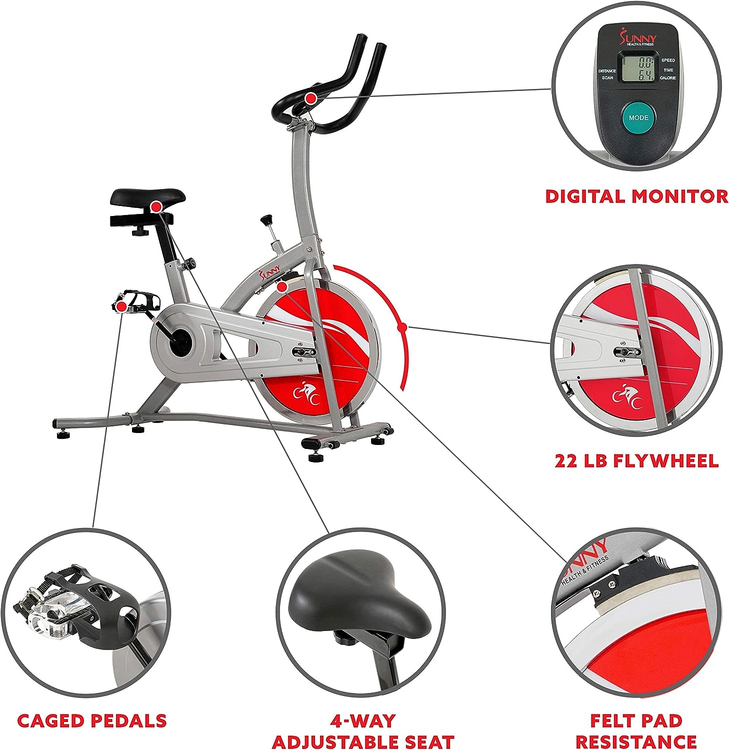 Sunny Health  Fitness Indoor Cycling Exercise Bike with LCD Monitor - SF-1203