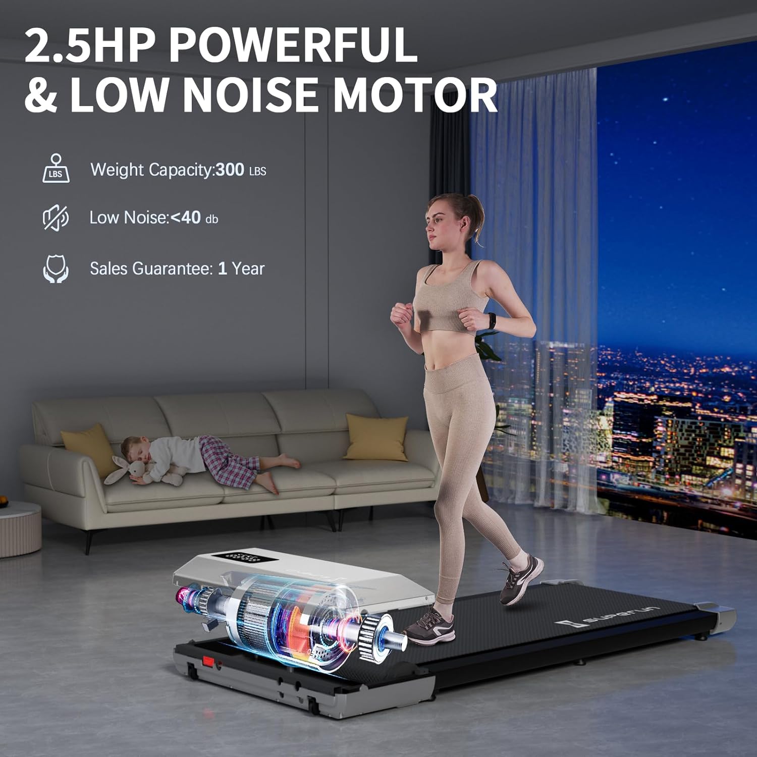 SupeRun 2 in 1 Under Desk Treadmill, Low Noise Compact Walking Pad with Remote Control, 2.5 HP Portable Treadmill Desk Workstation with 300lbs Capacity, LED Display, Sliver