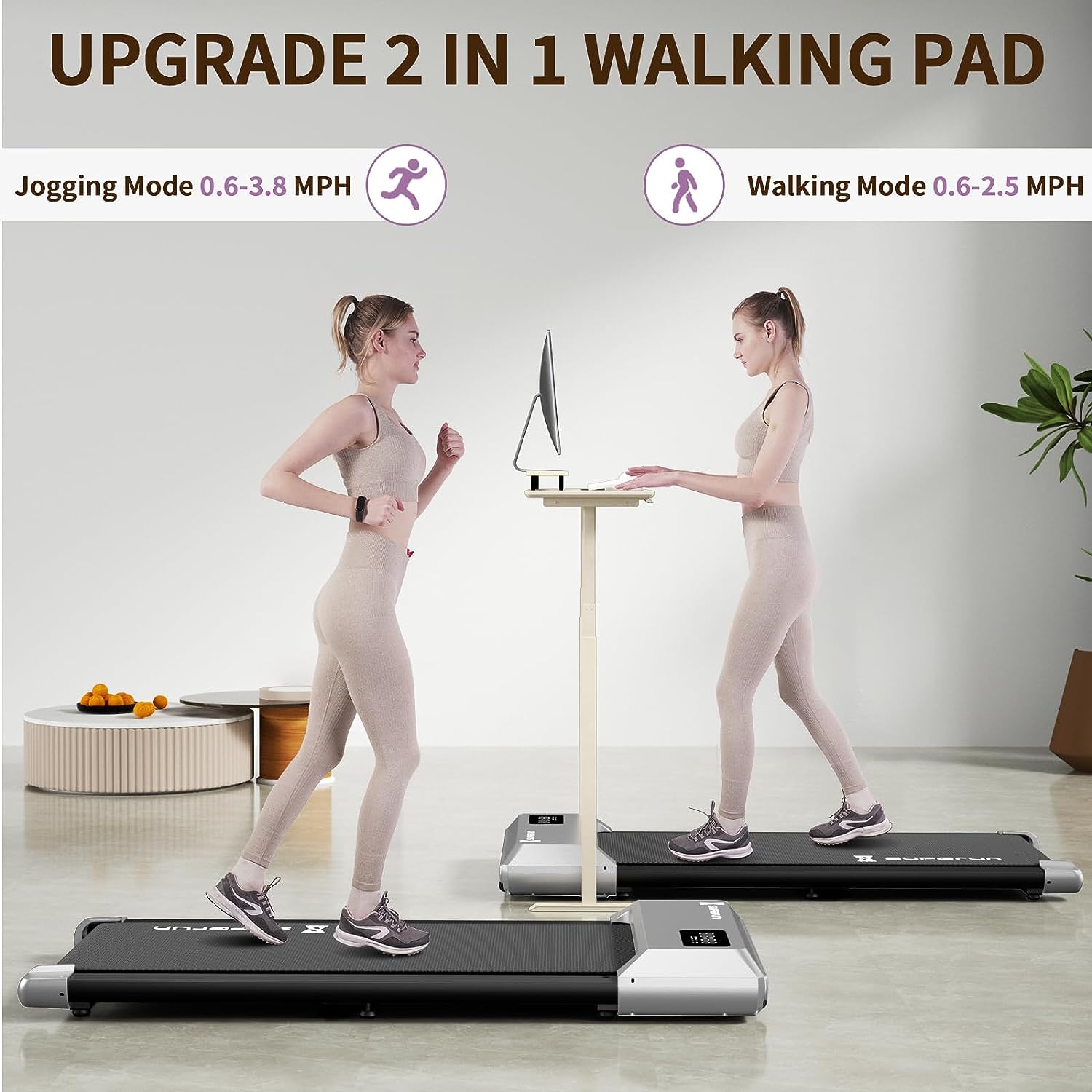SupeRun 2 in 1 Under Desk Treadmill, Low Noise Compact Walking Pad with Remote Control, 2.5 HP Portable Treadmill Desk Workstation with 300lbs Capacity, LED Display, Sliver