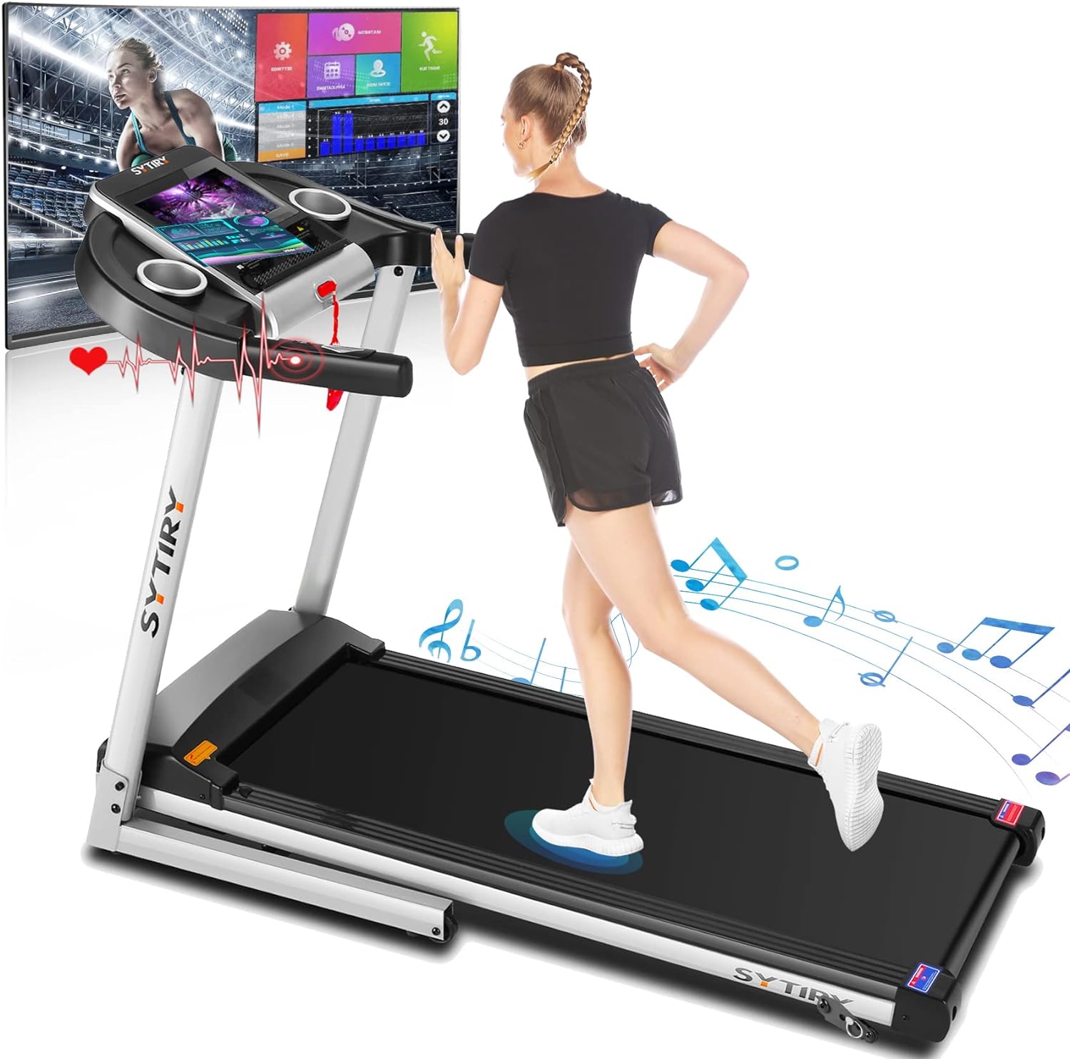 SYTIRY Treadmill with Large 10 HD TV Touchscreen,Folding 3.25HP Brushless Motorand Incline Treadmills,WiFi Connection,3D Virtual Sports Scene,YouTube,Bluetooth Speakers etc,Treadmill for Gym