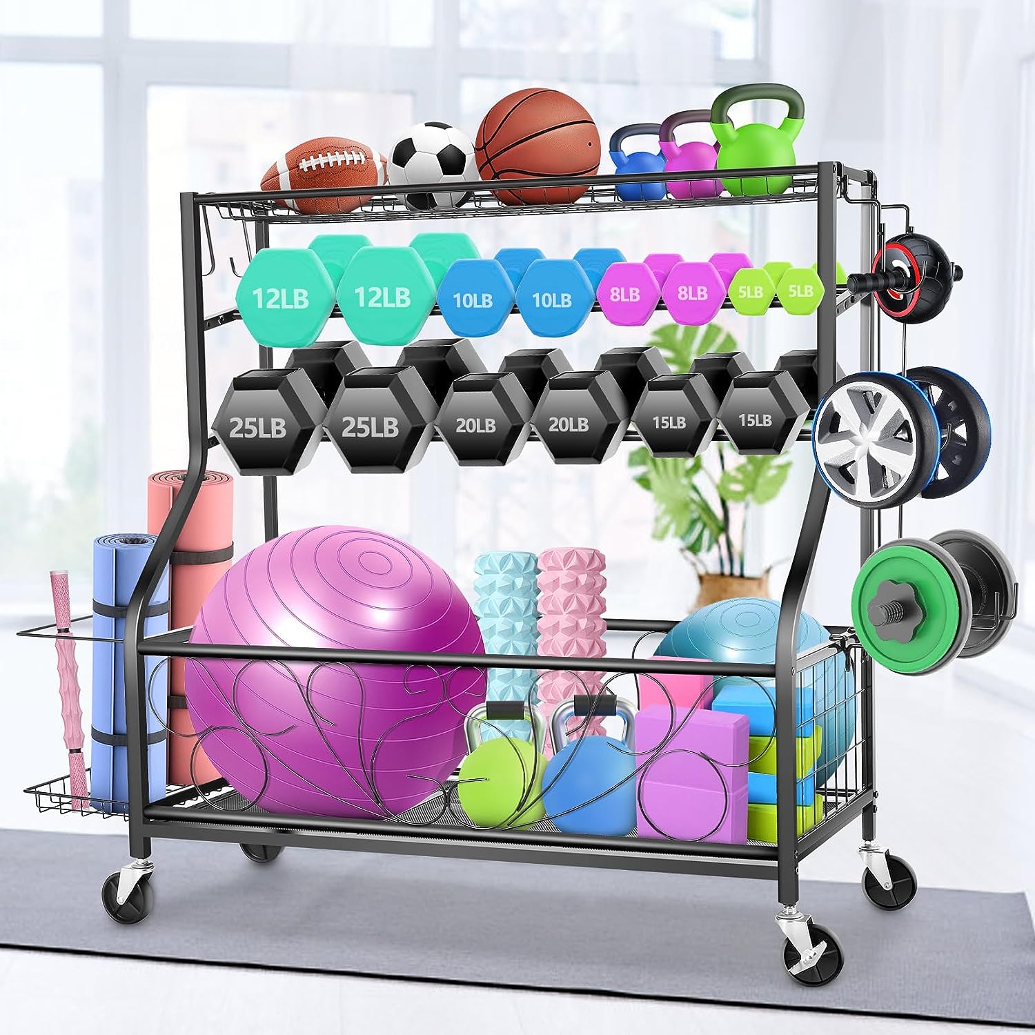 Upgrade Dumbbell Rack, Home Gym Storage Rack for Dumbbells Kettlebells Foam Roller Yoga Mat and Balls, Weight Rack All in One Workout Equipment Storage Organizer With Hooks and Wheels - Easy to Assemble