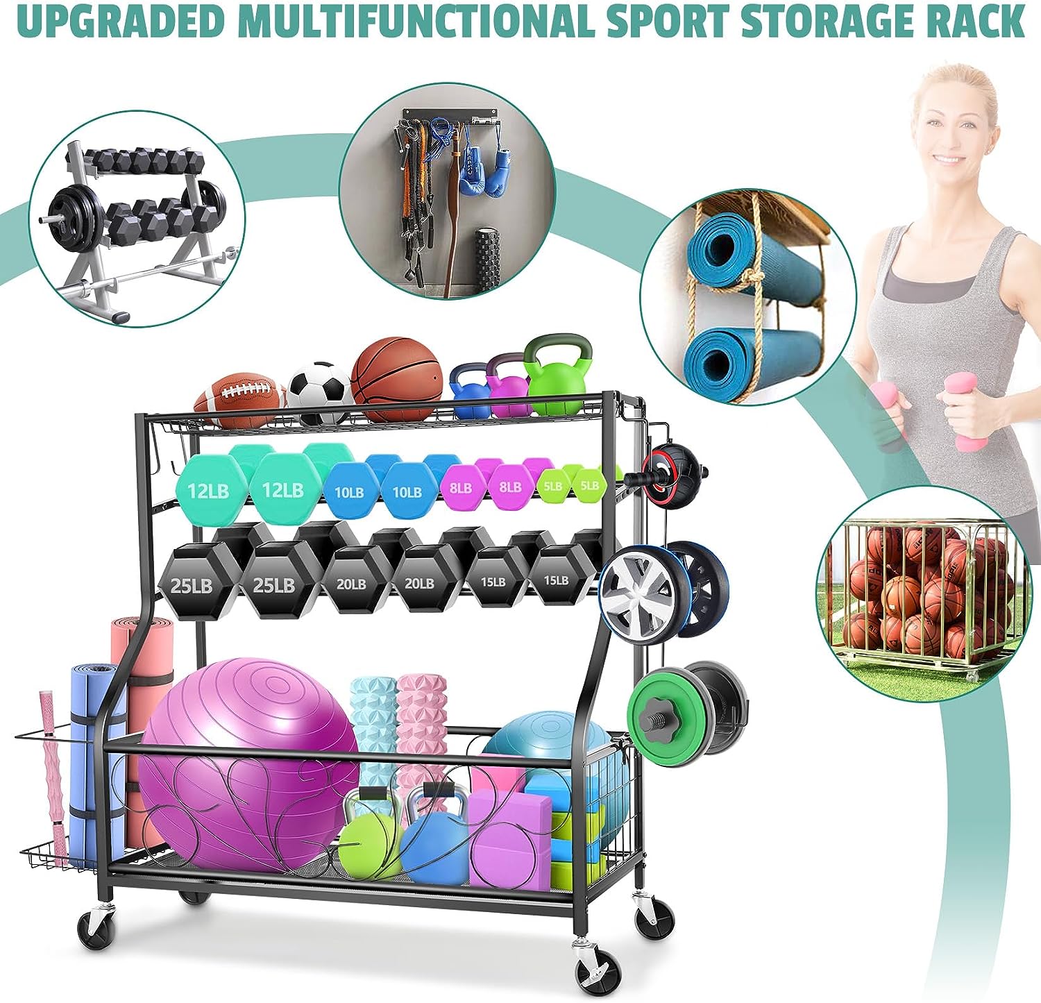 Upgrade Dumbbell Rack, Home Gym Storage Rack for Dumbbells Kettlebells Foam Roller Yoga Mat and Balls, Weight Rack All in One Workout Equipment Storage Organizer With Hooks and Wheels - Easy to Assemble